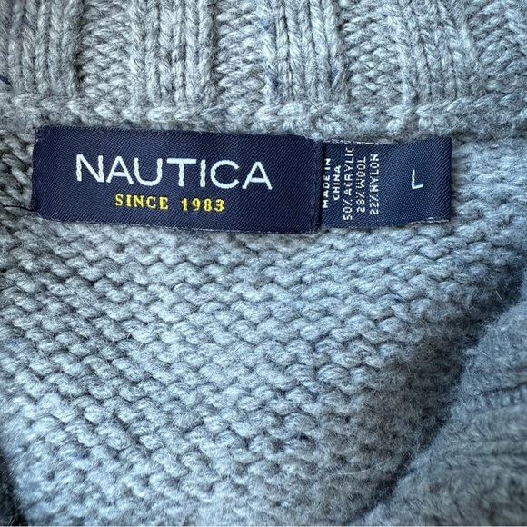 Nautica Men's Sweater Size L Gray Wool Blend Four Button Mock Neck Logo Pullover - Picture 5 of 11